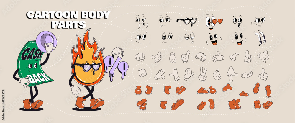 Set of 70s groovy comic elements. Collection of body parts cartoon character faces in different emotions, hand, glove, shoes. Cute retro groovy hippie illustration for decorative, sticker. Set of 70s groovy comic elements. Collection of body parts cartoon character faces in different emotions, hand, glove, shoes. Cute retro groovy hippie illustration for decorative, sticker.