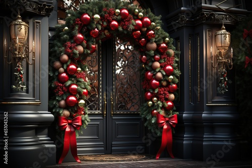 festive holiday wreath ornaments, hanging front door to welcome,Generated with AI