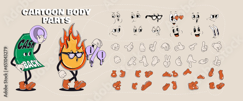 Set of 70s groovy comic elements. Collection of body parts cartoon character faces in different emotions, hand, glove, shoes. Cute retro groovy hippie illustration for decorative, sticker.