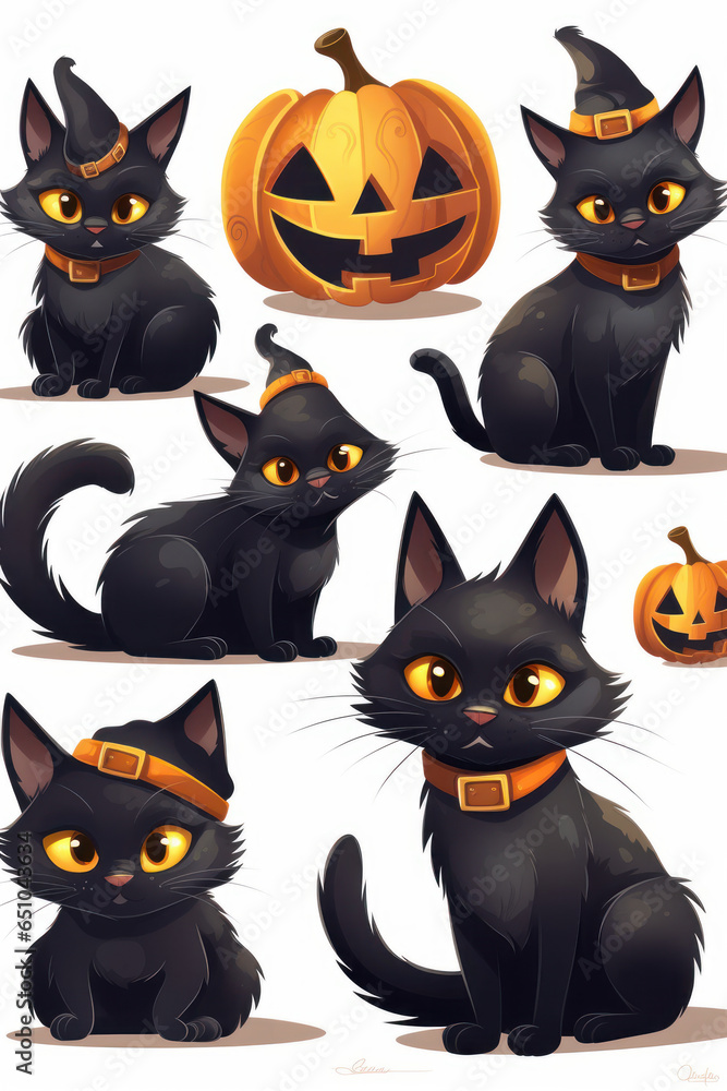 Black cats cartoon set. Halloween illustration. Generative AI.