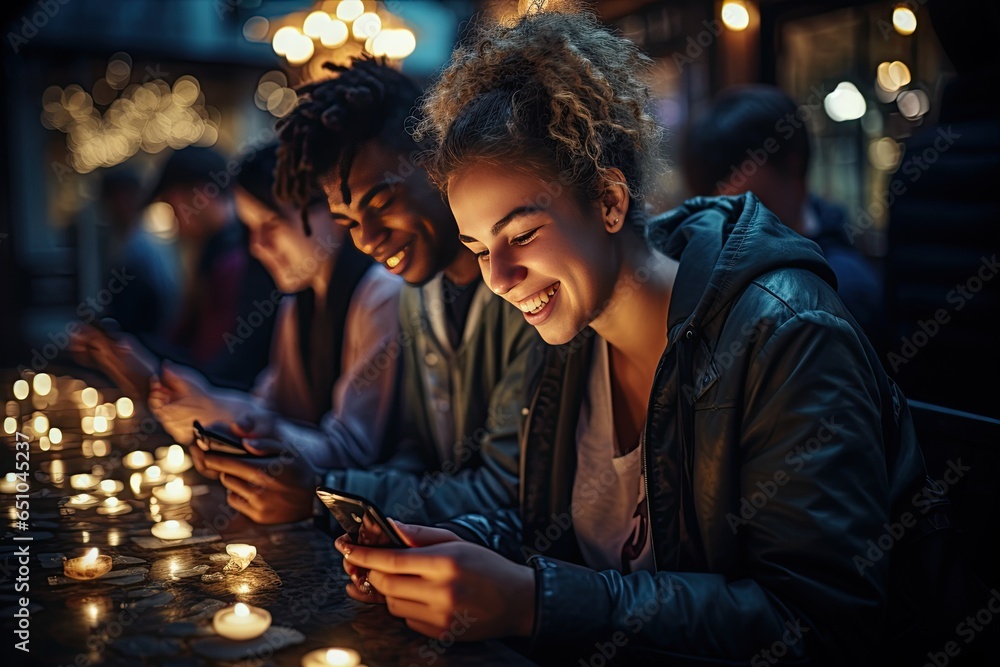 group of friends having fun while using their smartphones to share content on social media networks.Generated with AI group of friends having fun while using their smartphones to share content on social media networks.Generated with AI