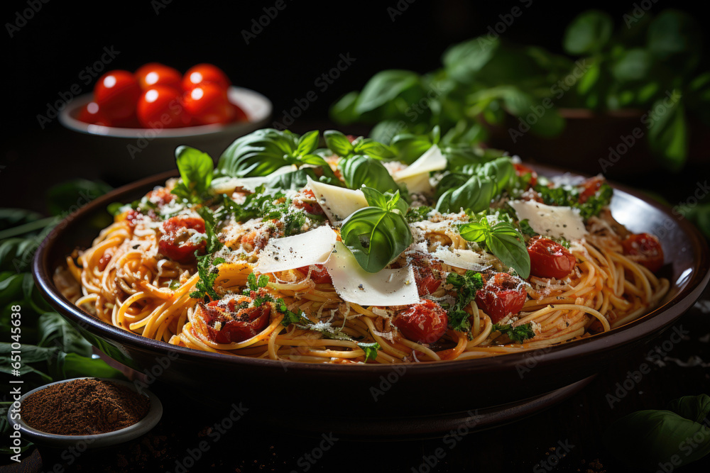 Spaghetti with tomato sauce, parmesan and mozzarella cheese decorated with basil Spaghetti with tomato sauce, parmesan and mozzarella cheese decorated with basil