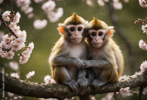 Couple of romantic monkey on branch. Generative AI