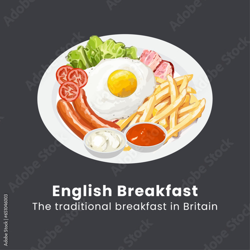 Traditional full English breakfast with fried eggs, sausages, tomatoes and bacon with mayonnaise and ketchup on plate. Hand drawn watercolor vector illustration