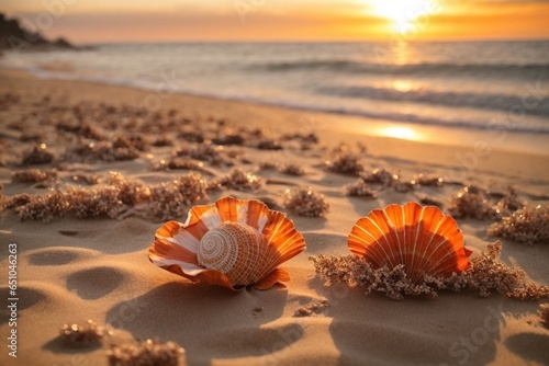 Sunset on the beach, seashells on the sand. Generative AI.