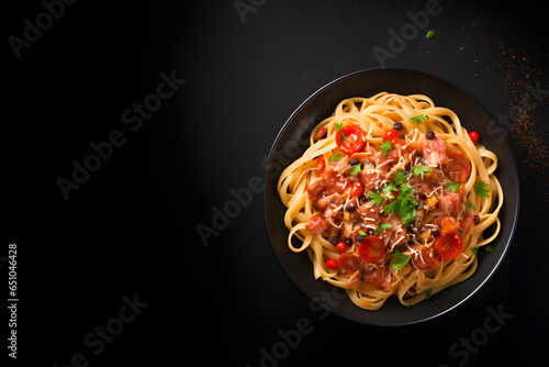 Fettuccine pasta with meat ragout sauce in a black bowl,Gray background, copy space, top view.
