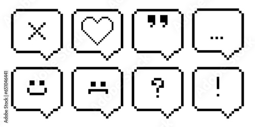 Comic game speech cloud vector pixel art. Balloon talk message with sad and happy smile, dot, quote and exclamation mark. Retro chat bubble icon frame isolated thought template illustration.