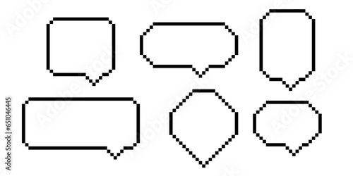 Game speech cloud comic pixel art balloon for text. Chat dialog vector icon set. Message frame element isolated vintage design. Empty thought tag banner for digital discussion flat line style.