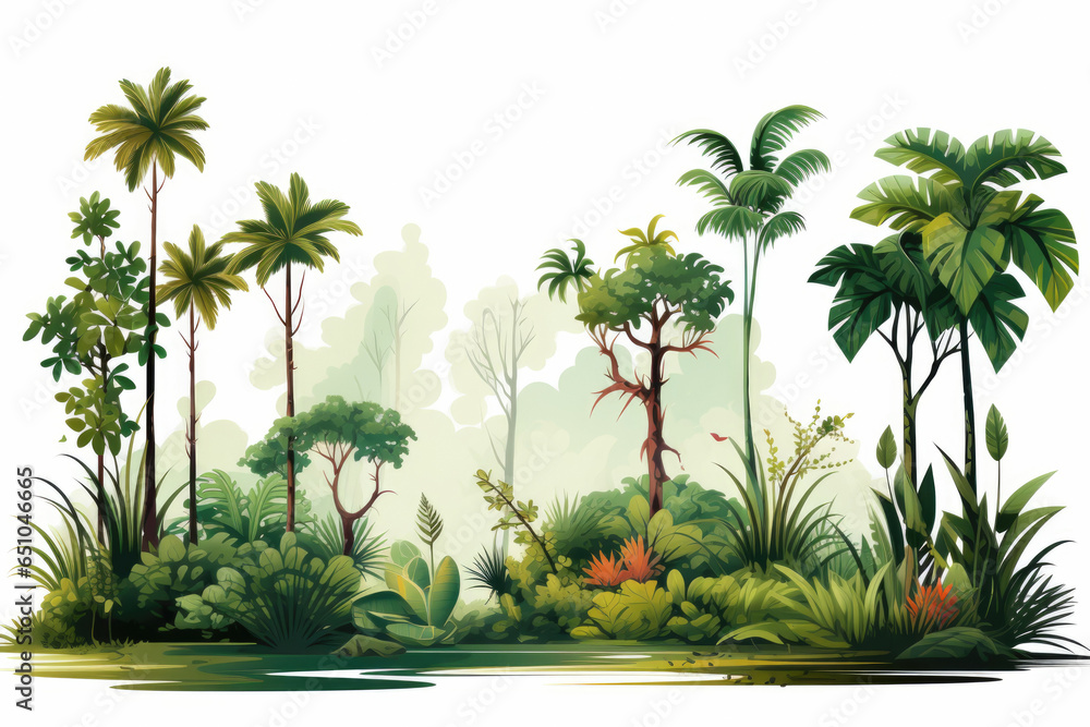 Cartoon palm tree. Jungle palm trees with green leaves, exotic hawaii sunny forest, miami greenery coconut beach palms isolated tropical vacation - obrazy, fototapety, plakaty 