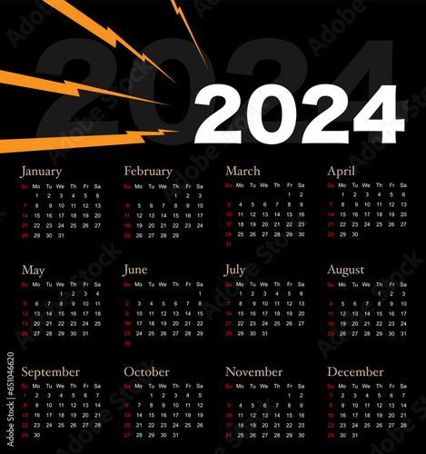 Calendar 2024 week start Sunday fun and modern design planner template. hype style, for office wall or startup