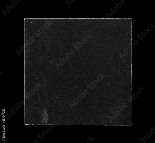 Old Black Square Empty Aged Damaged Paper Cardboard Photo Card Isolated on Black.  Folded Edges. Square CD Vinyl Cover Package Envelope. Rough Grunge Shabby Scratched Torn Ripped Texture. 