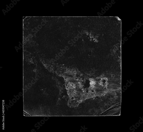 Old Black Square Empty Aged Damaged Paper Cardboard Photo Card Isolated on Black.  Folded Edges. Square CD Vinyl Cover Package Envelope. Rough Grunge Shabby Scratched Torn Ripped Texture. 