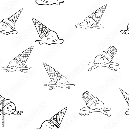 Dropped melted ice cream doodle seamless background, Cartoon black line sketch repeating pattern on white background