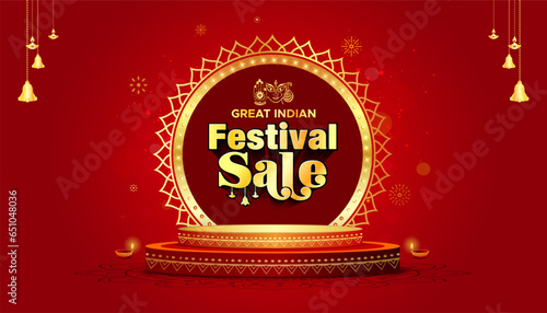 Luxury, golden, podium, stage, product display design with Indian festive sale text and background.
