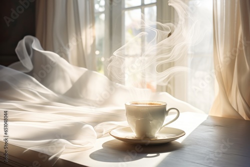Cozy bright photo. A cup of coffee by the window, flowers