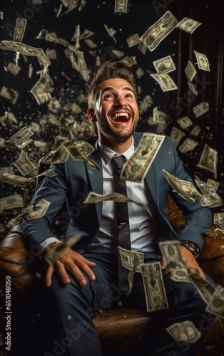 Money falling onto a young laughing businessman