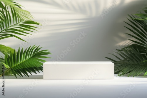 Beauty product photo background  smooth rectangular white podium in hard sunlight with palm tree leaf on white background  negative space