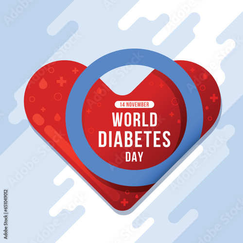 World diabetes day - Blue universal circle symbol for diabetes in red heart with drop blood sign, cross sign and ring sign around on soft blue texture background vector design