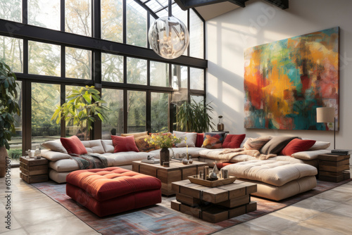 Concept of interior design in boho chic style with alrge windows and a lush garden. Bohemian living room with comfortable couch, cushions, wooden coffee table and home decor. photo