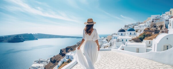 Female woman casual solo traveller alone summer holiday in europe. Generative ai
