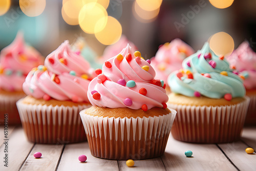Colorful cupcakes on a wooden background