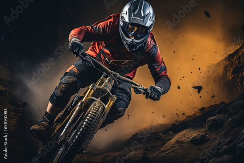 Professional Cyclist Riding the Downhill Mountain Bike on the Summer Rocky Trail at the Evening. Extreme Sport and Enduro Cycling Concept. © Tjeerd