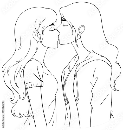 Lesbian couple cartoon kissing outline doodle