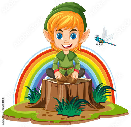 Dwarf cartoon sitting on three stump in fantasy world