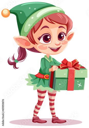 Elf girl cartoon Christmas character holding gift
