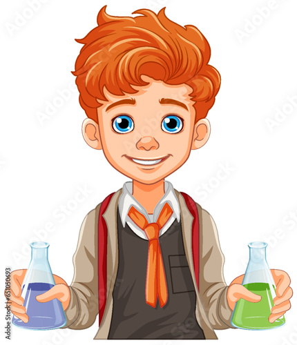 Male student cartoon holding conical flask on science class experiment