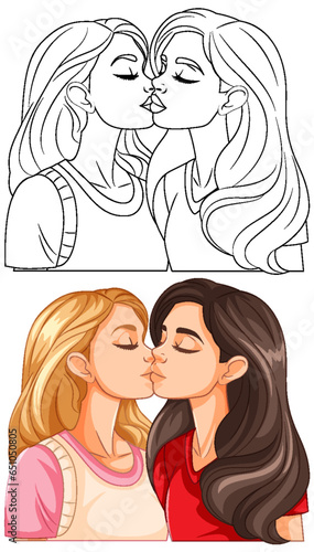 Lesbian couple kissing cartoon isolated