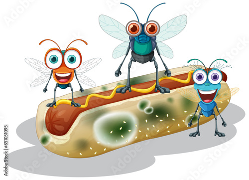 Decompose hot dog isolated with fly