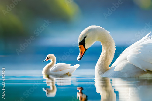 white swan in river water © Rendi