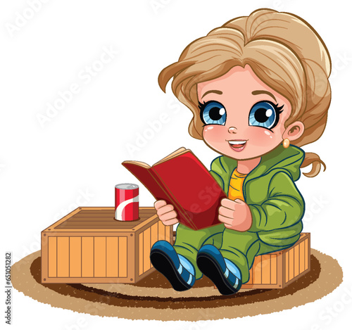 Cute Girl Reading Book Cartoon Character
