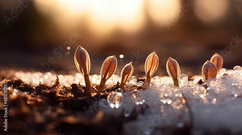 Germinating Seeds of Vegetable on the Earth under snow in winter, AI Generated © shahiddzn