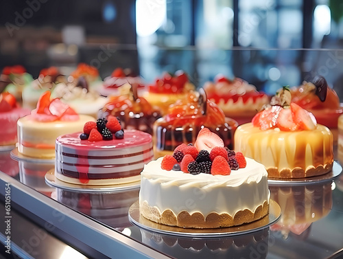 ケーキ屋さんの店頭に並んだ、いろいろなホールケーキ