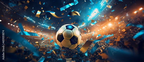 Soccer ball ! Close up of a soccer ball in the center of the football stadium illuminated by the headlights with falling confetti. Goal Winning celebration as its peak moment. Generative ai