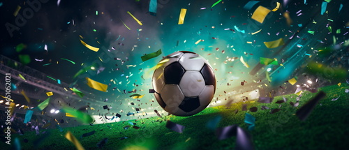 Soccer ball ! Close up of a soccer ball in the center of the football stadium illuminated by the headlights with falling confetti. Goal Winning celebration as its peak moment. Generative ai