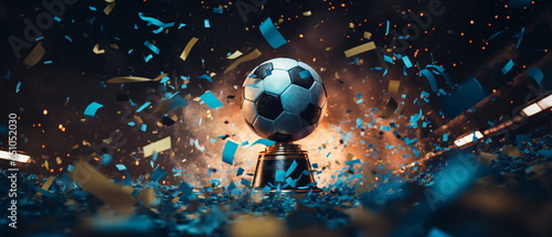 Soccer ball ! Close up of a soccer ball in the center of the football stadium illuminated by the headlights with falling confetti. Goal Winning celebration as its peak moment. Generative ai © Mickael