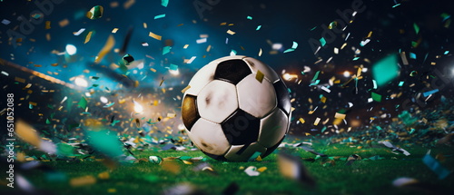 Soccer ball   Close up of a soccer ball in the center of the football stadium illuminated by the headlights with falling confetti. Goal Winning celebration as its peak moment. Generative ai