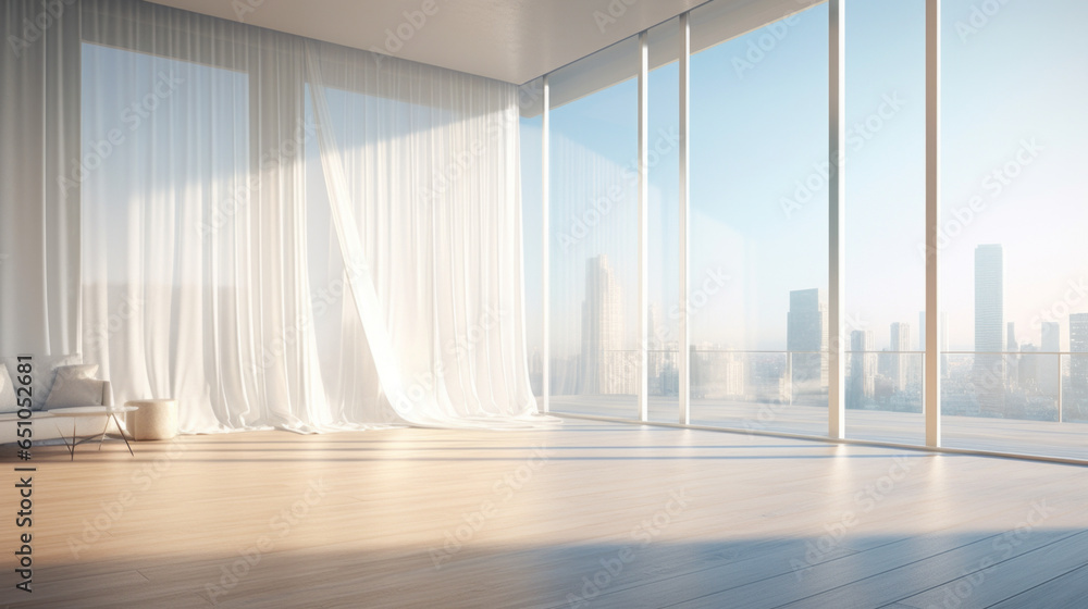 Floor-to-Ceiling Windows: On one side of the room, there are expansive floor-to-ceiling windows, allowing ample natural light to flood the space. White sheer curtains billow softly in the breeze - obrazy, fototapety, plakaty 