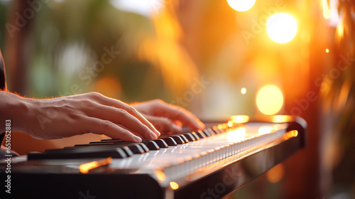 Male hands playing the piano with bokeh lights in the background photo