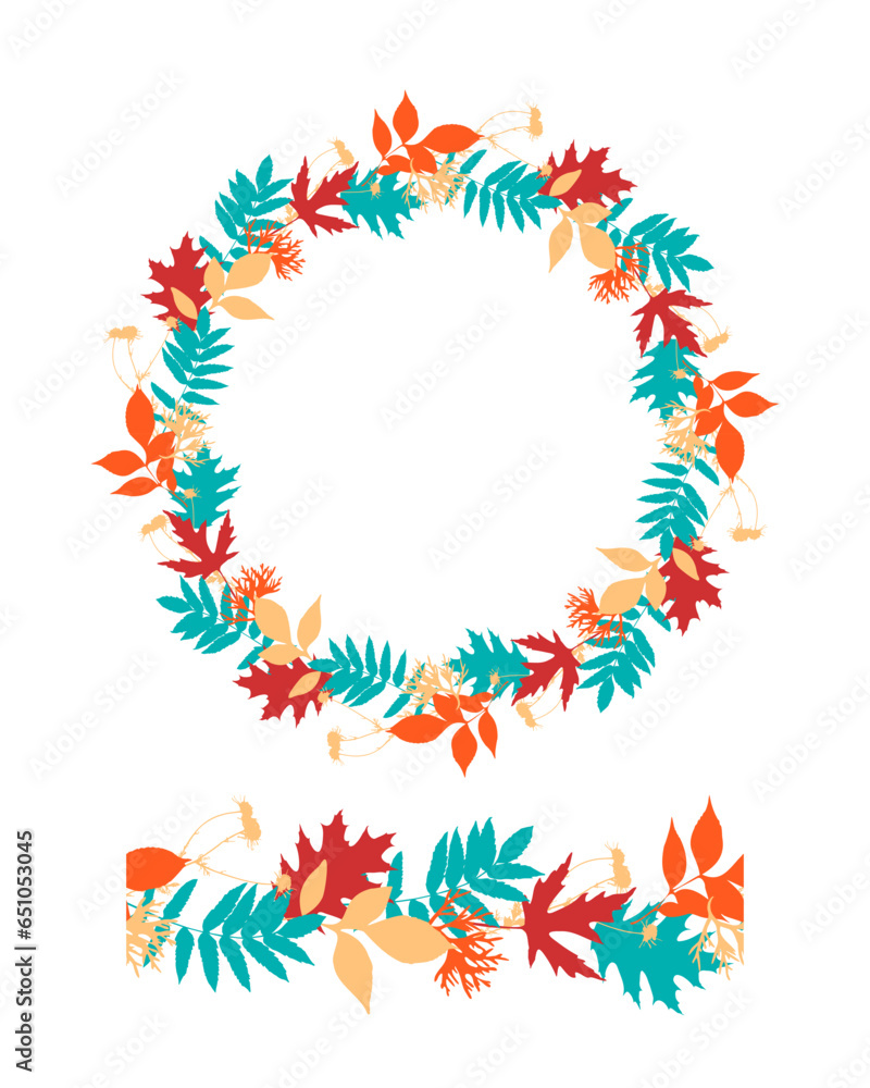 Brush patterned seamless and wreath of autumn leaves, isolated, on a white background. Vector illustration Brush patterned seamless and wreath of autumn leaves, isolated, on a white background. Vector illustration