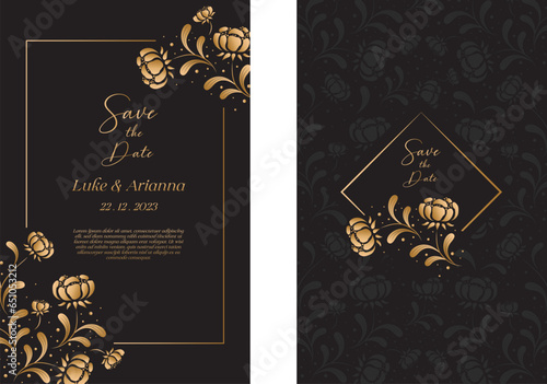 Wedding invitation, floral invitation thank you, rsvp modern card design in golden flower form with black background. Elegant rustic vector template.