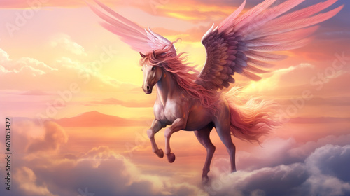 Flying horse with wings in the sky at sunset in the clouds