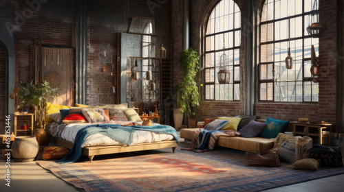 Industrial Boho Loft: A fusion of industrial and bohemian styles with exposed brick walls, eclectic textiles, and a mix of metal and wood furnishings photo