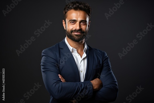 Proud and confident bearded Indian investor, wealthy ethnic CEO