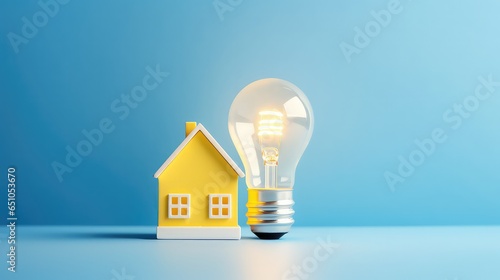 White light bulb beside wooden house model on bright blue background. Energy saving light bulb. energy efficient home, new home Idea. energy saving. technology protection of the house from the cold.