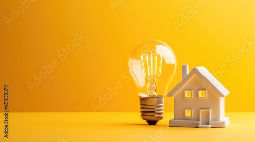 White light bulb beside wooden house model on bright yellow background. Energy saving light bulb. energy efficient home, new home Idea. energy saving. technology protection of the house from the cold.