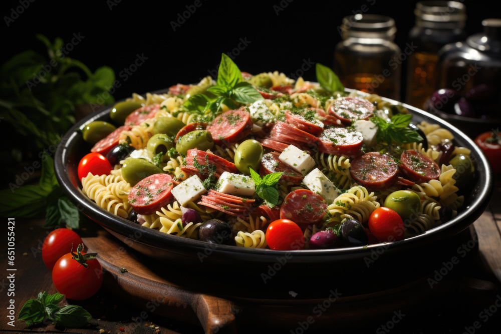 Pasta salad with baked vegetables. Penne pasta with baked peppers, eggplant, pesto and cheese in a white plate on a dark wooden table top view. Pasta salad with baked vegetables. Penne pasta with baked peppers, eggplant, pesto and cheese in a white plate on a dark wooden table top view.
